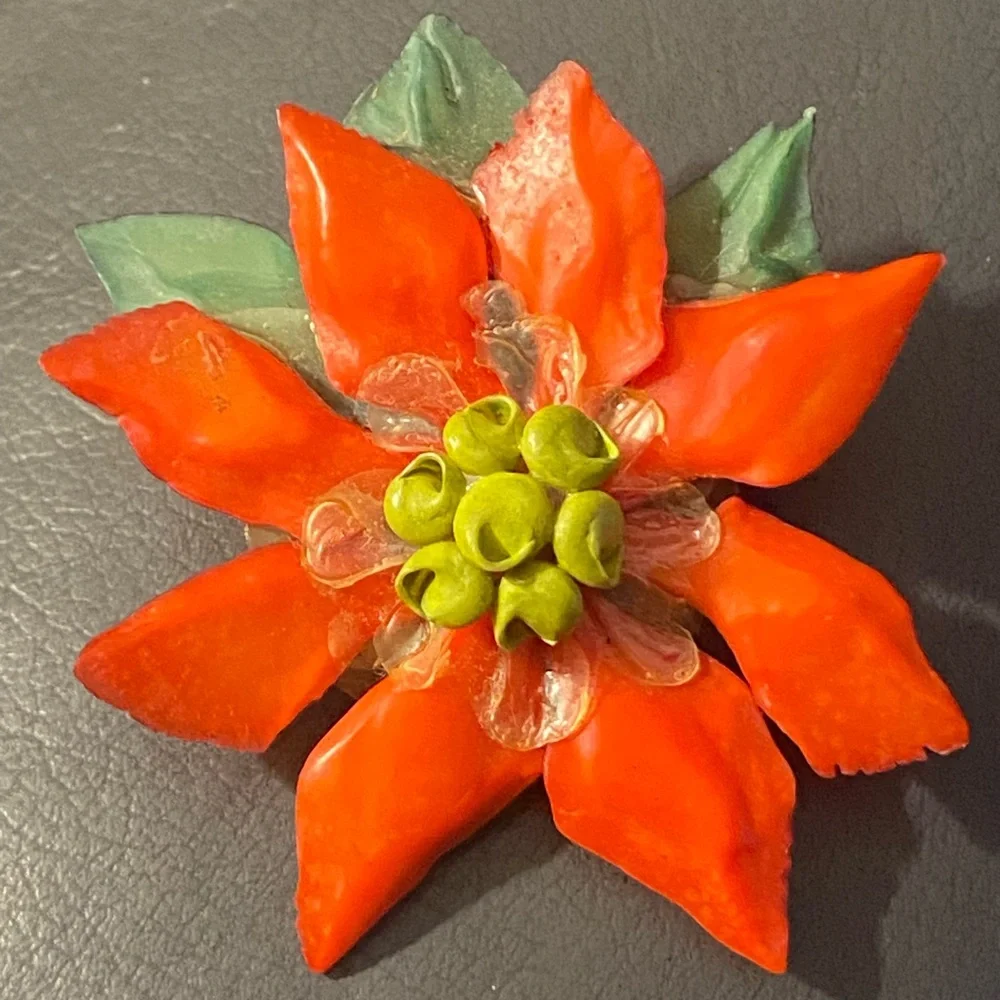 Vintage Hand Made Christmas Poinsettia Flower Brooch Matching Screw Back Earring